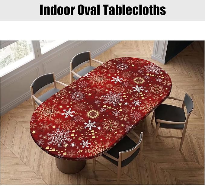 Merry Christmas Elastic Edge Oval Table Cover, Winter Gold White Snowflake Print Oblong Fitted Tablecloths, Fits to 52x 70 Inches Tables, Table Cloth for Indoor Family Banquet and Outdoor Patio Use