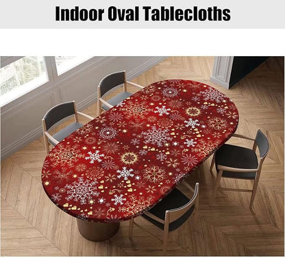 Merry Christmas Elastic Edge Oval Table Cover, Winter Gold White Snowflake Print Oblong Fitted Tablecloths, Fits to 42x 60 Inches Tables, Table Cloth for Indoor Family Banquet and Outdoor Patio Use