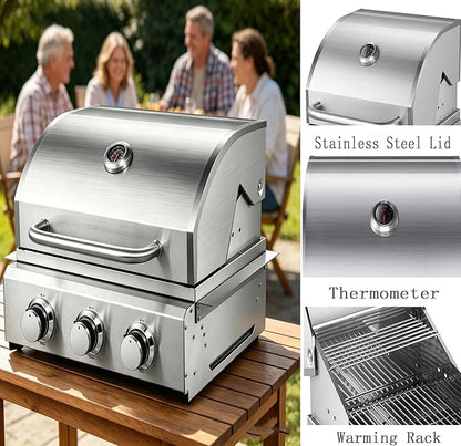 3 Burner Built In Gas Grill, Stainless Steel Propane Grill, 30,000 BTUs,Dual Fuel Compatibility(Propane/Natural), Gas Grill Outdoor Cooking