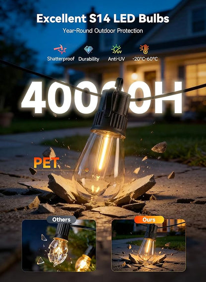 Minetom 164FT Outdoor String LED Patio Lights Waterproof,Shatterproof S14 Vintage Edison Bulbs,Commercial Grade Outside Hanging Lights Waterproof for Porch Deck Garden Backyard Balcony Cafe Bistro