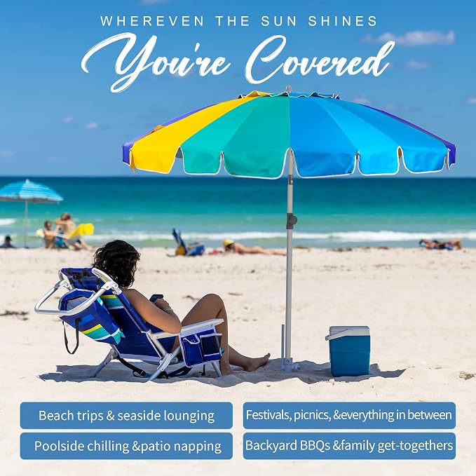 AMMSUN 7.5ft Heavy Duty HIGH Wind Beach Umbrella with sand anchor Vent Tilt Portable Sun Shelter, UV 50+ Protection Outdoor Sunshade Umbrellas Carry Bag for Patio Garden Pool Backyard Multicolor Blue