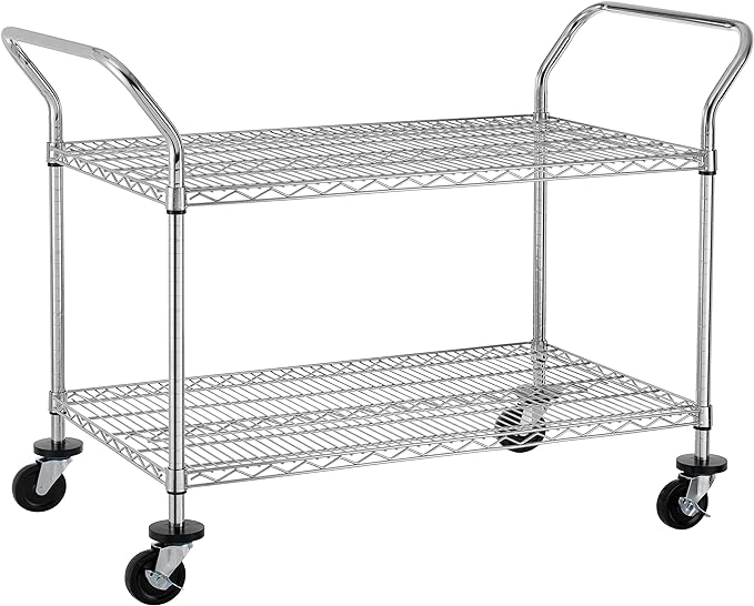 Finnhomy 2 Tier Commercial Grade Rolling Cart, Heavy Duty Utility Cart, Carts with Wheels and Handles, Kitchen Carts on Wheels, Metal Cart with 600 lbs Capacity, Shelf Size 23.6"Dx47.2"W x 39.4"H, NSF