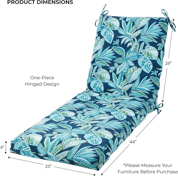 Modern Outdoor Chaise Lounge Cushion with Ties – Durable Polyester Fabric, Channel-Filled Polyfiber Insert, Removable Zippered Cover, Botanical Crestwood