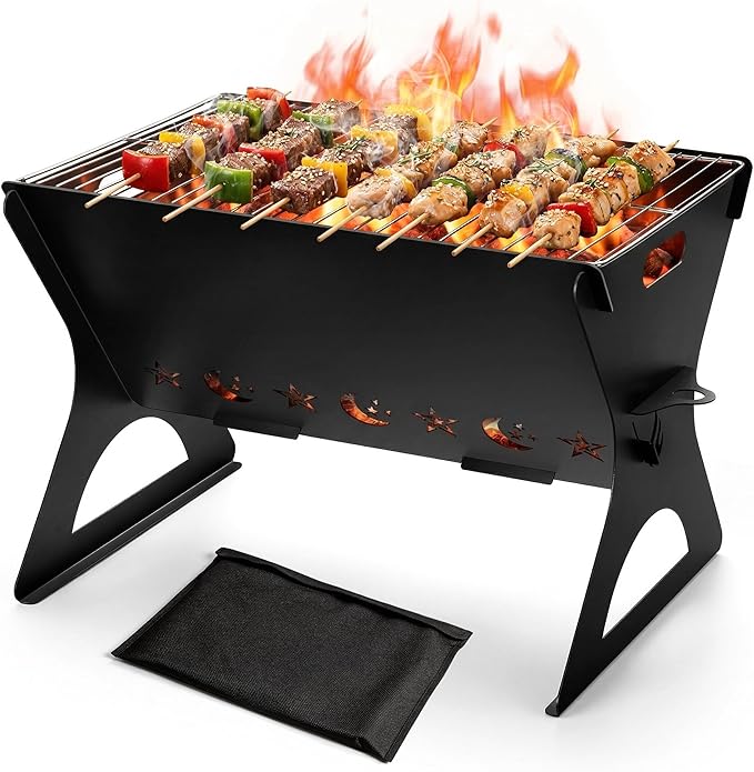 Portable Campfire Grill, HaSteeL Mini Barbecue Slot with Grate & Carry Bag, Heavy-duty BBQ Outdoor Fire Pit for Camping Backyard, Bonfire, Patio, Easy Assembly