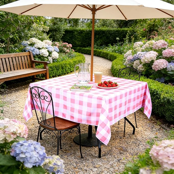Poise3EHome Square Outdoor Tablecloth with Umbrella Hole and Zipper,Pink and White Gingham 60x60 Inch,SpillProof Washable Table Cloth for Spring Summer Patio Garden Poolside Picnic Camping BBQS