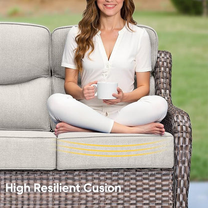 Luxury Patio Sofa 3-Seat Wicker Couch with 6" Thick Cushion - Outdoor Furniture Rattan Sofa with Deep Seating High Back Outdoor Sofa for Patio Garden Balcony Sunroom Backyard, Brown | Beige