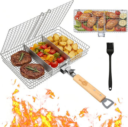 WILLBBQ Grill Basket Set for Camping Outdoor BBQ, Includes 2 Sizes, Removable Divider, Basting Brush, Folding Portable Wooden Handles, Stainless Steel Fish Grilling Veggie Meat Baskets
