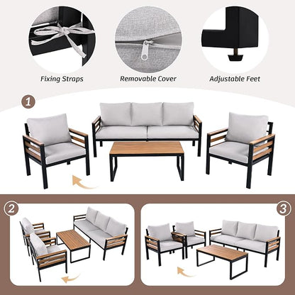 VilroCaz 4-Piece Outdoor Patio Furniture Sectional Sofa Set with Acacia Wood Armrests, All-Weather Conversation Set with Removable Cushion and Solid Wood Coffee Table for Garden Backyard (Beige-TH)