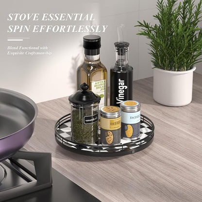 AMH 10-Inch Black and White Checkerboard Lazy Susan with Oak Base | Smooth rotating oak tray with walnut finish for dining tables, kitchen counters, pantries and cabinet storage.