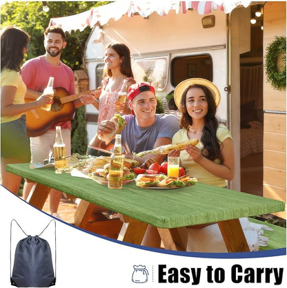 Smiry Picnic Table Cover with Bench Covers, Waterproof Elastic Fitted Tablecloth for 5 Foot Tables, Washable Polyester Tablecloths for Camping, Indoor & Outdoor (Green & Black, 30x60 Inch 3-pc Set)