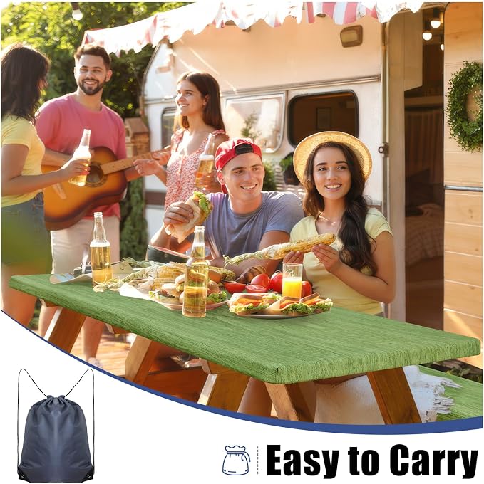 Smiry Picnic Table Cover with Bench Covers, Waterproof Elastic Fitted Tablecloth for 8 Foot Tables, Washable Polyester Tablecloths for Camping, Indoor & Outdoor (Green & Black, 30x96 Inch 3-pc Set)