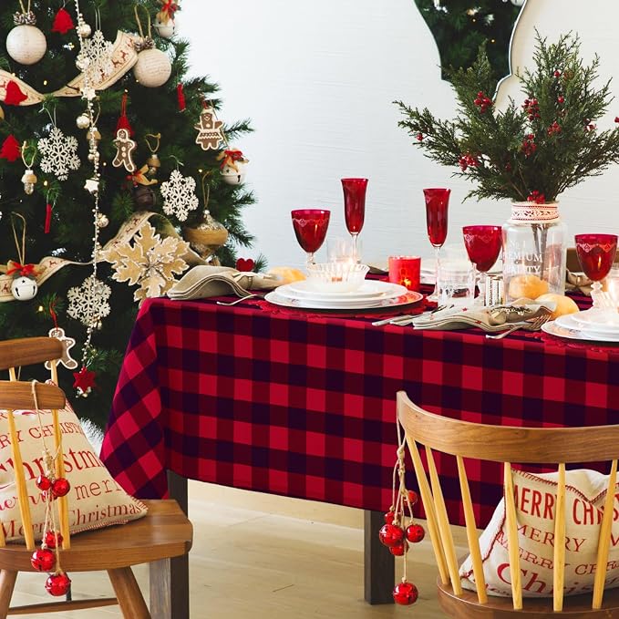 Hiasan Checkered Tablecloth Rectangle - Stain Resistant, Waterproof and Washable Table Cloth Gingham for Christmas, Outdoor Picnic, Holiday Dinner, 70 x 90 Inch, Black and Red