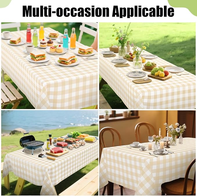 Smiry Picnic Table Cloth, Vinyl Tablecloths with Flannel Backing, 54"x54" | Waterproof Square Table Cloth, Wipeable Buffalo Plaid Table Cover for Indoor and Outdoor (White & Beige)