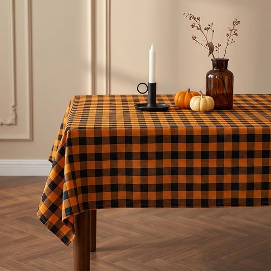 Waterproof Gingham Tablecloth, Checkered Fabric Table Cover for Kitchen Dining, Black & Orange Plaid Table Cloth, Rectangle Table Cloth for Indoor Outdoor Use, W60 x L102 in