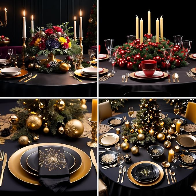6 Pack Black Round Tablecloths 132 Inch for Dining Tables | Washable Decorative Linen Polyester Table Cover for Banquets Buffets Parties and Weddings
