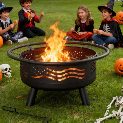 Breezz 38 Inch American Flag Fire Pit with Mesh Cover & Poker, Round Metal Wood Burning Outdoor Firepit for Patio, Garden, Backyard, Bonfire, Ideal for 4th of July, Memorial Day, Christmas