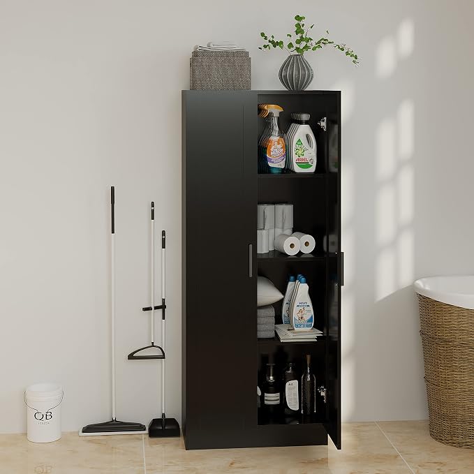 Panana Wooden Storage Cabinet, Narrow Pantry Cabinets Free Standing Tall Storage Cabinet with 2 Doors and Shelves (Black)
