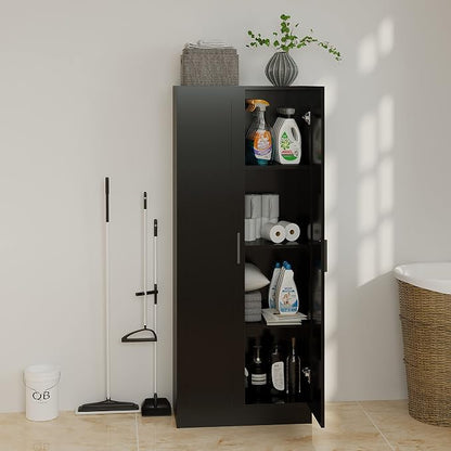 Panana Wooden Storage Cabinet, Narrow Pantry Cabinets Free Standing Tall Storage Cabinet with 2 Doors and Shelves (Black)