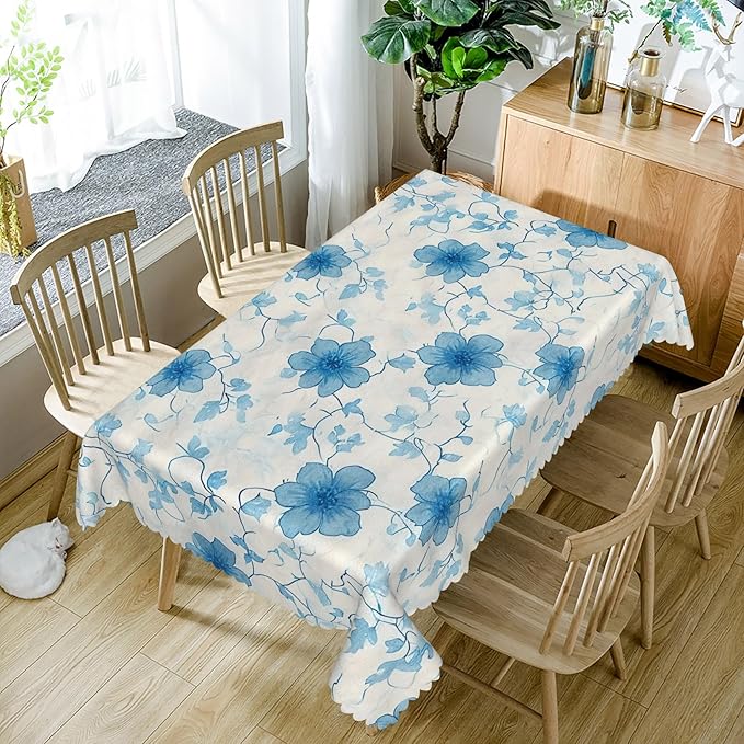Blue Flower Rectangle Tablecloth Perfect for Spring Home Decor 52x70 Inch Blooming Floral Washable Table Cover Watercolor Rustic Table Cloth Dust-Proof for Farmhouse Decoration Buffet Picnic