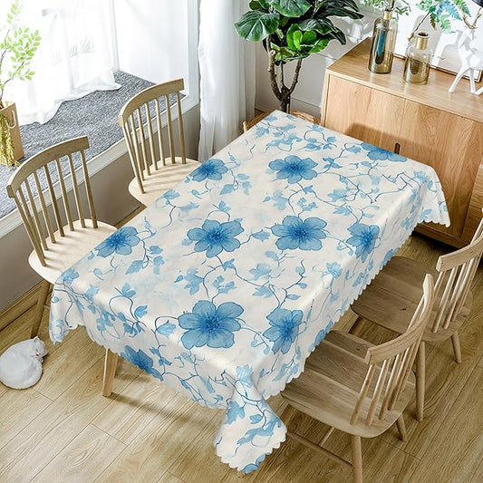 Blue Flower Rectangle Tablecloth Perfect for Spring Home Decor 60x84 Inch Blooming Floral Washable Table Cover Watercolor Rustic Table Cloth Dust-Proof for Farmhouse Decoration Buffet Picnic