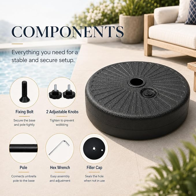20" 50 lbs Fillable Heavy Duty Umbrella Base, Stable Outdoor Stand, Durable Holder for Lawn Patio Deck and Poolside Parasols, Black