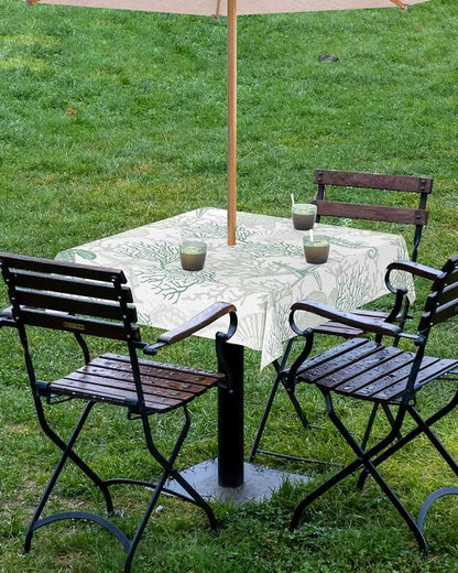 Sage Green Coastal Outdoor Tablecloth - 60x60 Inch Square Waterproof Dining Table Cover, Sea Turtle Nautical Coral Beach Starfish Outdoor Table Cloth with Umbrella Hole & Zipper for Picnic