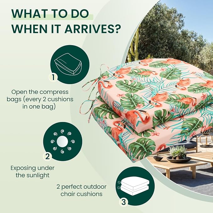 HARBOREST Outdoor Chair Cushions Set of 2, Water Resistant Patio Chair Cushions with Ties, Outdoor Seat Cushions for Patio Furniture, 17"x16"x2", Flamingo