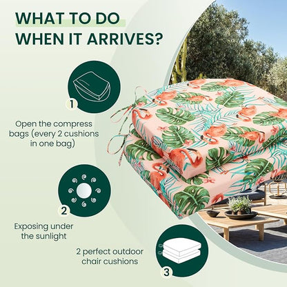 HARBOREST Outdoor Chair Cushions Set of 2, Water Resistant Patio Chair Cushions with Ties, Outdoor Seat Cushions for Patio Furniture, 17"x16"x2", Flamingo
