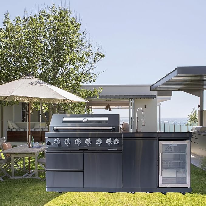 82in Modular Outdoor Kitchen Bar, 6 Burner 85000 BTU Deluxe Stainless Steel Gas Barbecue Island Kitchen for Backyard Cooking w BBQ Grill, Refrigerator, Rotisserie Kit, Countertops,Cabinets, Sink