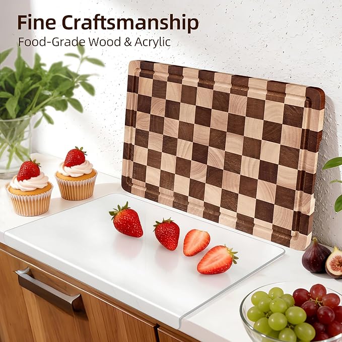 Cutting Board Set of 2 – Checkered Wood & Acrylic Cutting Board with Counter Lip for Kitchen Counter, Wood Checkerboard Chopping Board with Juice Grooves for Vegetables, Fruits, Meat
