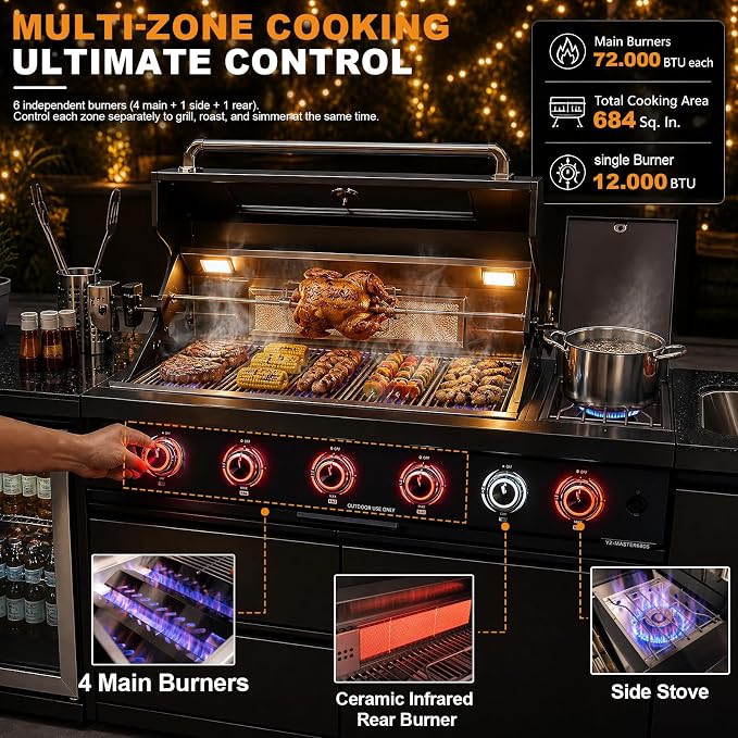 98" 4-Burner Modular Outdoor Kitchen Island, 72000 BTU Propane Gas Grill | 4 Burners & Side Stove, Rear Infrared, Granite Countertop, Fridge, 360°Faucet,304 Sink, Rotisserie, Storage Cabinet