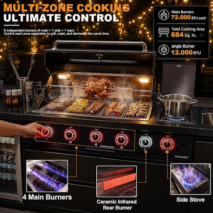 98" 4-Burner Modular Outdoor Kitchen Island, 72000 BTU Propane Gas Grill | 4 Burners & Side Stove, Rear Infrared, Granite Countertop, Fridge, 360°Faucet,304 Sink, Rotisserie, Storage Cabinet
