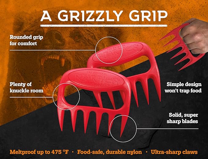Bear Paws Meat Claws - The Original BBQ Meat Shredder Claws for Pulled Pork, USA Made - Easily Lift, Shred, Pull and Serve Pork, Chicken, Brisket and Turkey - Valentine’s Day Gifts for Men (Red)