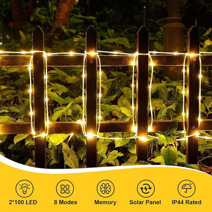 QITONG Warm White Solar Rope Lights, 2 Pack Each 33ft 100 LED String Light Outdoor, 8 Modes Fairy Lights in Clear Thin Tube