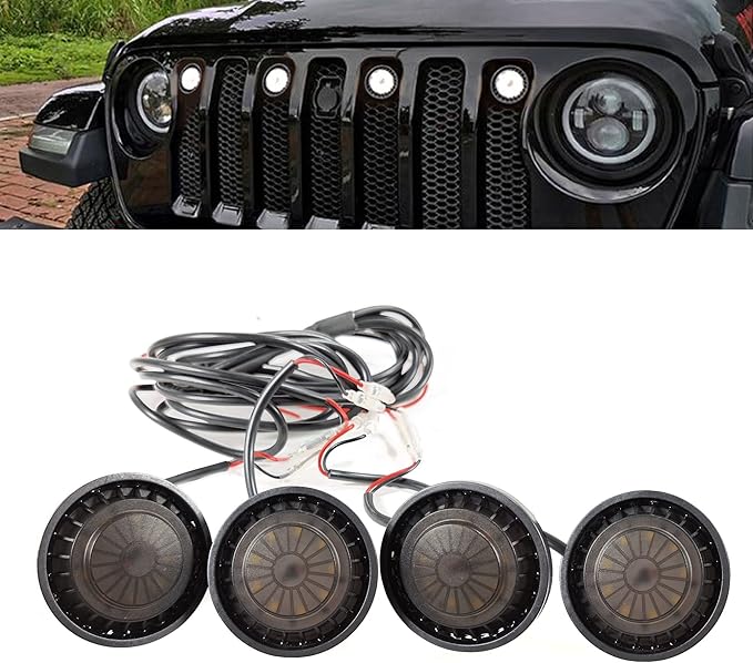 4Pcs LED Grille Light Kits Waterproof White LED Front Grille Lamp for 2018-2021 Wrangler JL JLU Original Grille with W/Fuse Adapter