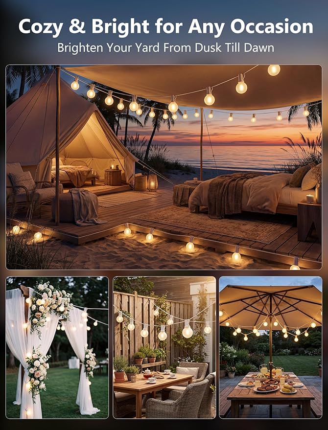 25FT G40 LED Frosted Outdoor String Lights, Globe String Lights with 27 Edison Shatterproof Bulbs(2 Spare), Decorative Lights for Bedroom Bistro Café Wedding, Warm White, White Wire
