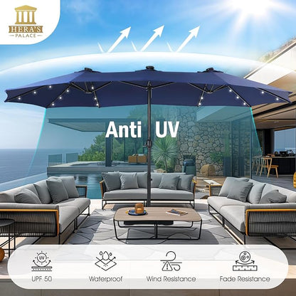 15ft Patio Umbrella with Solar lights & Base, Large Umbrellas, Navy Blue | HERA'S PALACE Rectangle Double Market Umbrella with 36 LED Lights, Big Outdoor Umbrellas for Pool Picnic Inground Yard Deck
