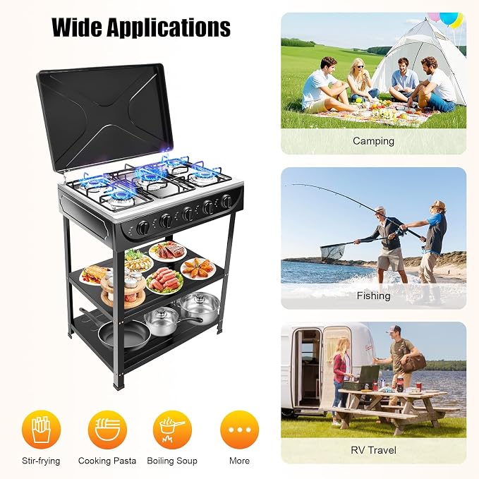 5 Burner Gas Stove, Portable Natural Gas Stove with Support Leg Stand and Wind Blocking Cover Adapter, Manual Ignition Camping Stove, ideal for Home Cooking, RV, Apartment, Commercial Purpose (Black)