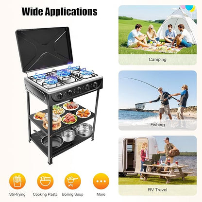 5 Burner Gas Stove, Portable Natural Gas Stove with Support Leg Stand and Wind Blocking Cover Adapter, Manual Ignition Camping Stove, ideal for Home Cooking, RV, Apartment, Commercial Purpose (Black)