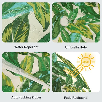 LVTXIII Round Outdoor Tablecloth with Umbrella Hole and Zipper, Water-Repellent 60 Inch Patio Table Cover for Bistro, Garden, Patio & Picnic, Lush Leaf Jungle