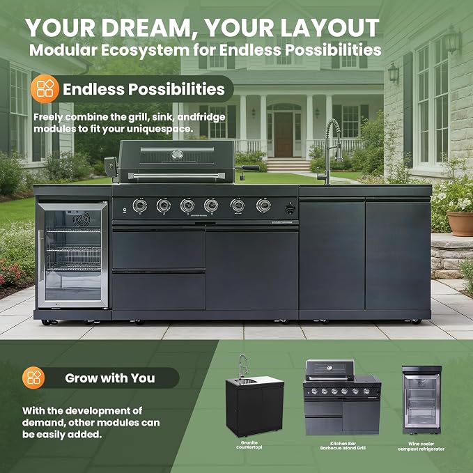 98" Rolling Outdoor Kitchen Island with Built-In 4 Burners 72,000 BTU Stainless Steel Gas Grill Featuring Rotisserie Oven,Granite Countertops,Beverage Fridge,Sink. (Black + Fridge + Sink, Propane Gas)