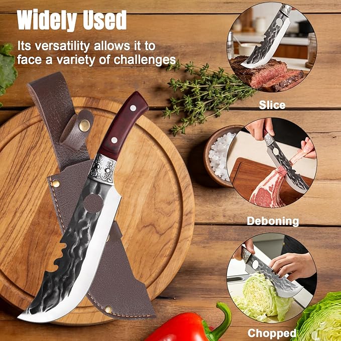 2PCS Meat Cleaver Knife Set with Sheaths, Hand Forged Serbian Knife&Viking Cleaver, High Carbon Stainless Steel Sharp Blade for Meat and Vegetable Cutting, Outdoor Cooking, Camping