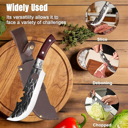 2PCS Meat Cleaver Knife Set with Sheaths, Hand Forged Serbian Knife&Viking Cleaver, High Carbon Stainless Steel Sharp Blade for Meat and Vegetable Cutting, Outdoor Cooking, Camping