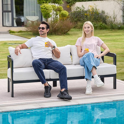 Outdoor Patio Sofa, 3-Seat All-Weather Metal Modern Couch with Washable Thick Cushion for Garden/Backyard/Porch, White