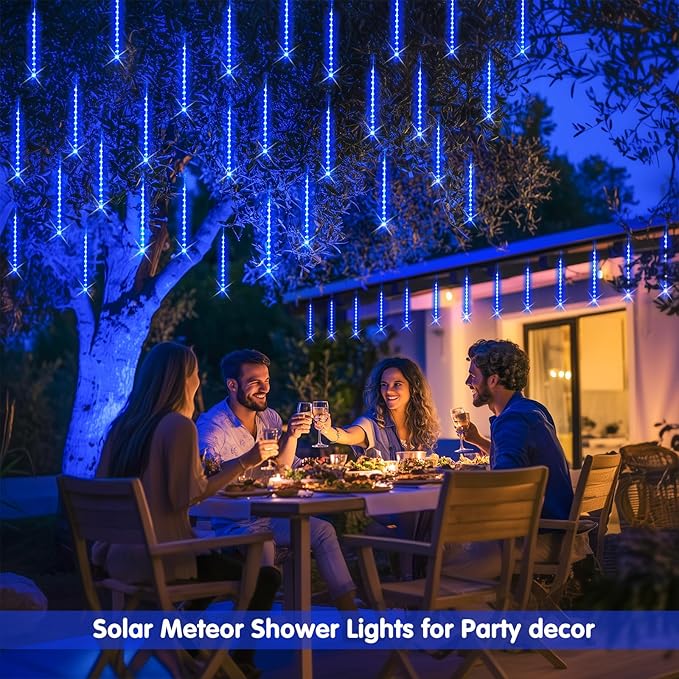 JMEXSUSS Solar Lights for Outdoor Decor, 8 Tube 144 LEDs Solar Meteor Shower Lights Outdoor, Hanging Blue Christmas Lights for Tree Yard Icicle Garden Patio Gazebo Eaves Front Porch Decor