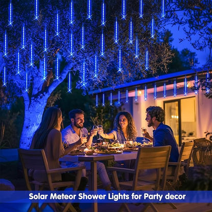 JMEXSUSS Solar Lights for Outdoor Decor, 8 Tube 144 LEDs Solar Meteor Shower Lights Outdoor, Hanging Blue Christmas Lights for Tree Yard Icicle Garden Patio Gazebo Eaves Front Porch Decor