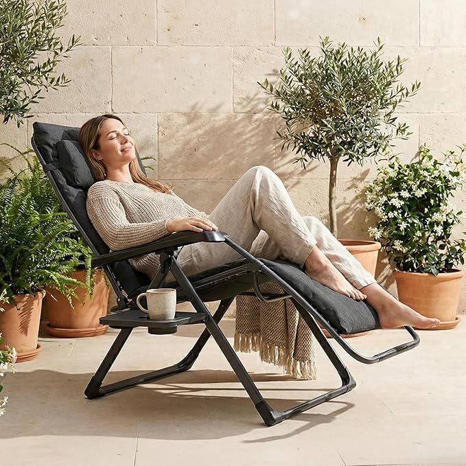 EVER ADVANCED Aluminum Zero Gravity Chair Oversized, 2.4" Thick Padded Reclining Lounge Chair with Adjustable Headrest & Side Table, Heavy Duty Support 350 lbs, Foldable for Outdoor & Indoor, Black