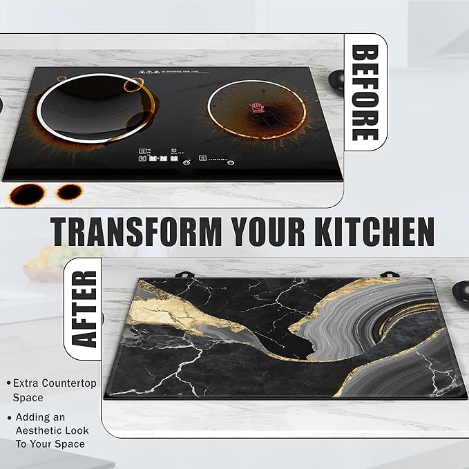 Black Gold Marble Glass Top Stove Cover Protector,Modern Heat Resistant Stove Top Cover, Large Size Range Covers for Electric Stove Countertop Mat, 28 x 20 Inch