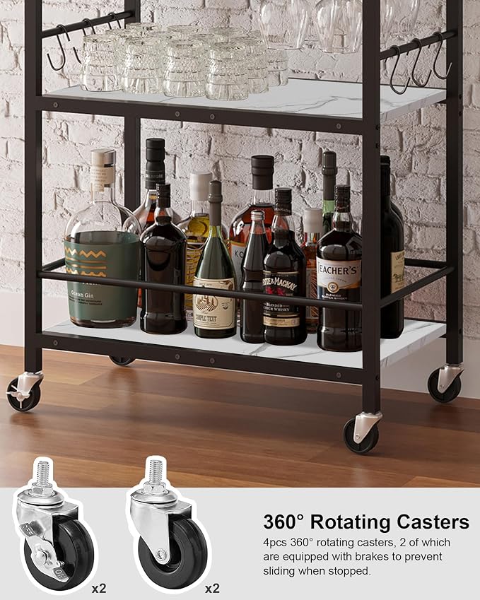TUTOTAK Bar Cart with Wheels, Drink Cart with Wine Rack and Glass Holder | 3-Tier 23.7 Inch Wide Home Bar Serving Carts, Small Mobile Kitchen Shelf with 6 Hooks, Marble White BC01BM030