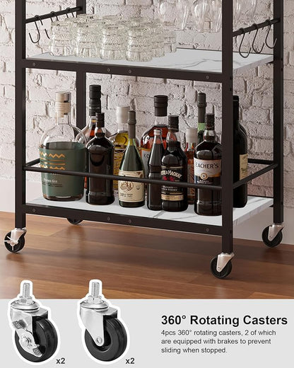 TUTOTAK Bar Cart with Wheels, Drink Cart with Wine Rack and Glass Holder | 3-Tier 23.7 Inch Wide Home Bar Serving Carts, Small Mobile Kitchen Shelf with 6 Hooks, Marble White BC01BM030